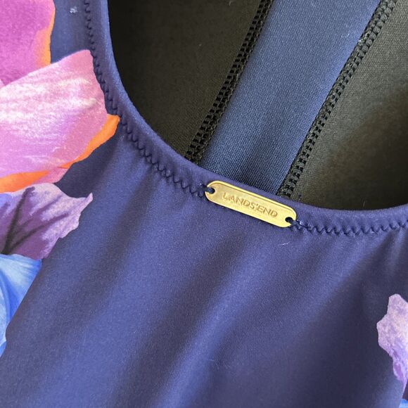 Lands End Swimsuit 12 Large One Piece Floral Built In Bra Lined Navy Blue Purple - Picture 5 of 15